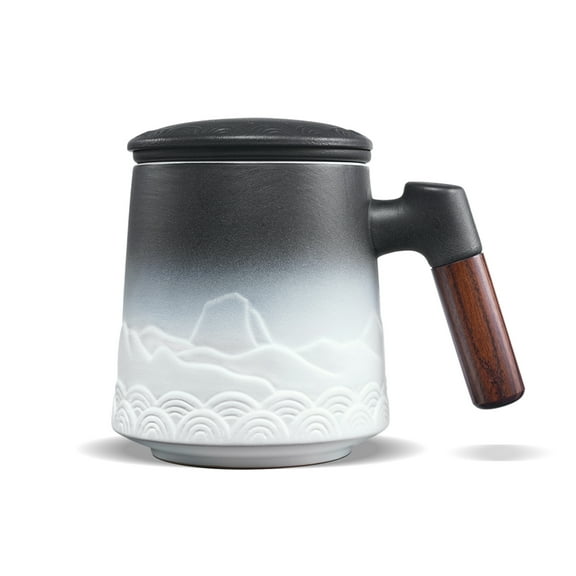 ZENS Tea Cup with Infuser and Lid,16.9 OZ Gradient Embossed Ceramic Loose Tea Steeping Mug with Wood Handle