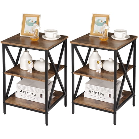 ZENSTYLE 2 Pcs 3-Tier Metal Frame Side End Table x-Shaped, Brown