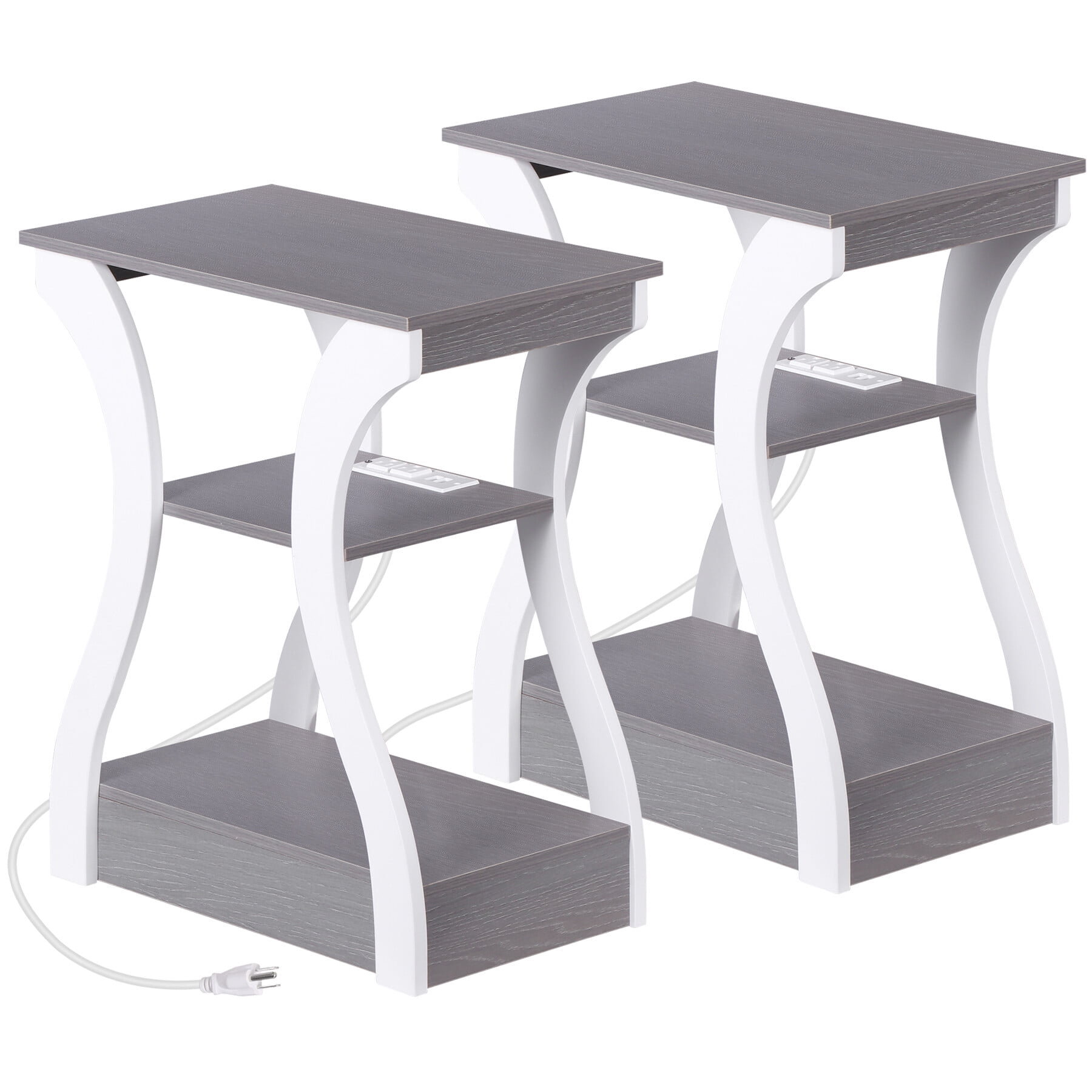 Gray and White Wood 3-Tier End Table Set with USB Charging Station