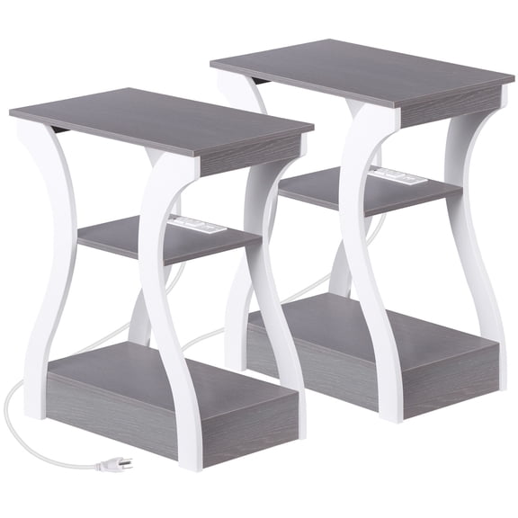 ZENSTYLE 2 Pcs Side Table 3 Tier End Table with Charging Station Nightstand with USB Storage Shelf Gray