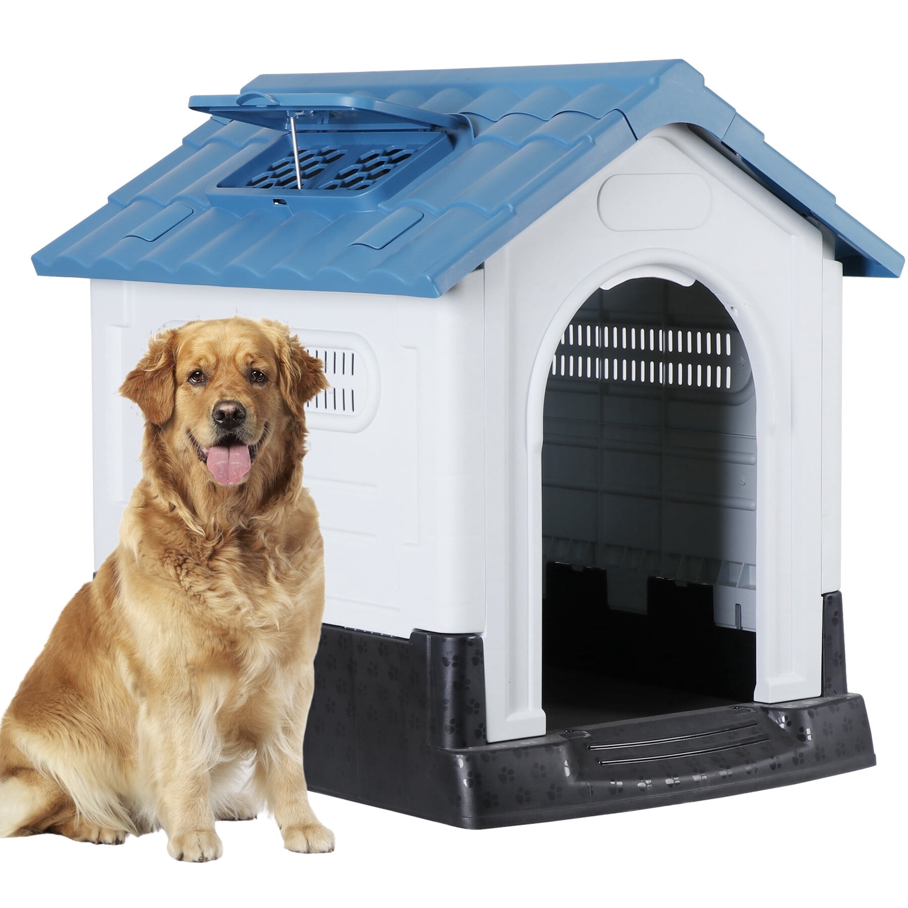 ZENSTYLE 26" Plastic Dog House Indoor Outdoor Puppy Shelter Kennel with Adjustable Skylight Blue