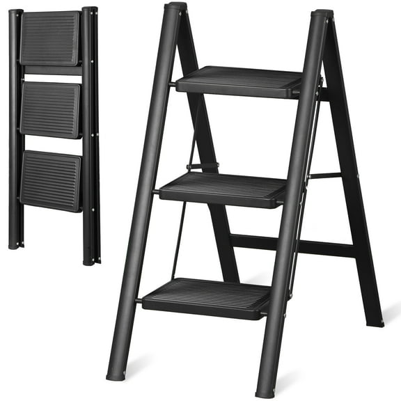 ZENSTYLE 3 Step Ladder Folding Steel Ladder with Anti-slip Pedal Load 330 Lbs for Home
