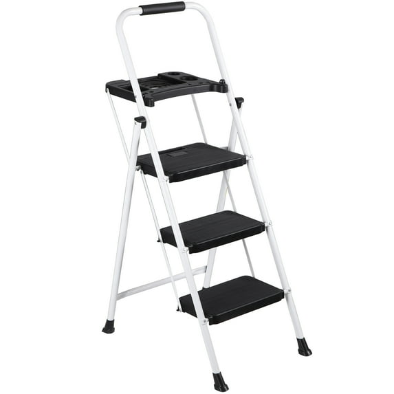 ZENSTYLE 3 Step Ladder Folding Step Stool Portable Metal Frame Ladder with Tool Tray Wide Non-Slip Pedal, White