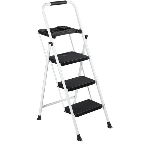 ZENSTYLE 3 Step Ladder Folding Step Stool Portable Metal Frame Ladder with Tool Tray Wide Non-Slip Pedal, White