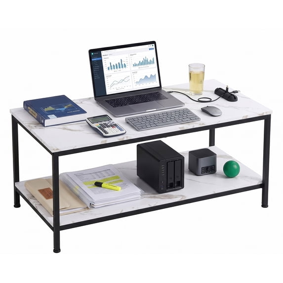 ZENSTYLE 39" Coffee Table Wood Side End Table with W/2 Tier Storage Shelf for Living Room White