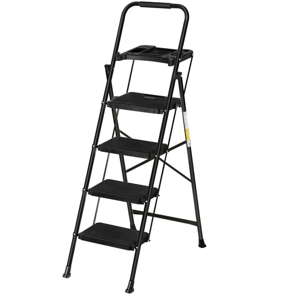 ZENSTYLE 4 Step Ladder Folding Step Stool Portable Metal Frame Ladder with Tool Tray Wide Non-Slip Pedal, Black
