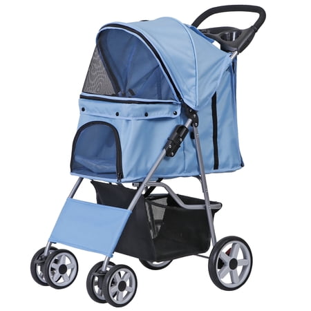 ZENSTYLE 4 Wheels Pet Stroller Foldable Carrier Strolling Cart for Cat Dog w/ Storage Basket Blue