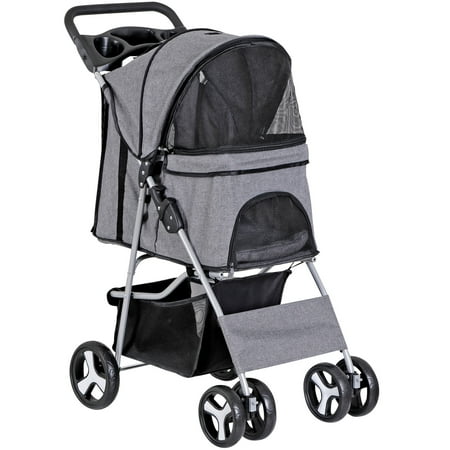 ZENSTYLE 4 Wheels Pet Stroller Foldable Carrier Strolling Cart for Cat Dog w/ Storage Basket Gray