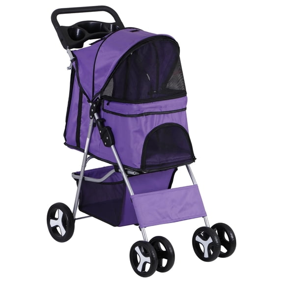 ZENSTYLE 4 Wheels Pet Stroller Foldable Carrier Strolling Cart for Cat Dog w/ Storage Basket Purple