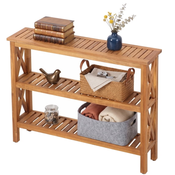 ZENSTYLE 40" Wood 3-Tier Outdoor Console Table – Weather-Resistant Patio Shelf with X-Frame Support, Indoor/Outdoor Use, Natural