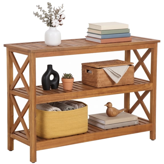 ZENSTYLE 48" Wood 3-Tier Outdoor Console Table – Weather-Resistant Patio Shelf with X-Frame Support, Indoor/Outdoor Use, Natural