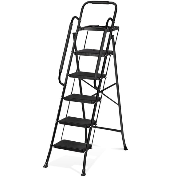 ZENSTYLE 5 Step Ladder Folding Step Stool Portable Metal Frame Ladder with Tool Tray Wide Non-Slip Pedal, Black