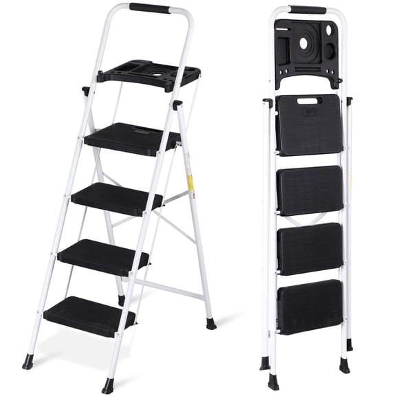 ZENSTYLE 5 Step Ladder Folding Step Stool Portable Metal Frame Ladder with Tool Tray Wide Non-Slip Pedal, White
