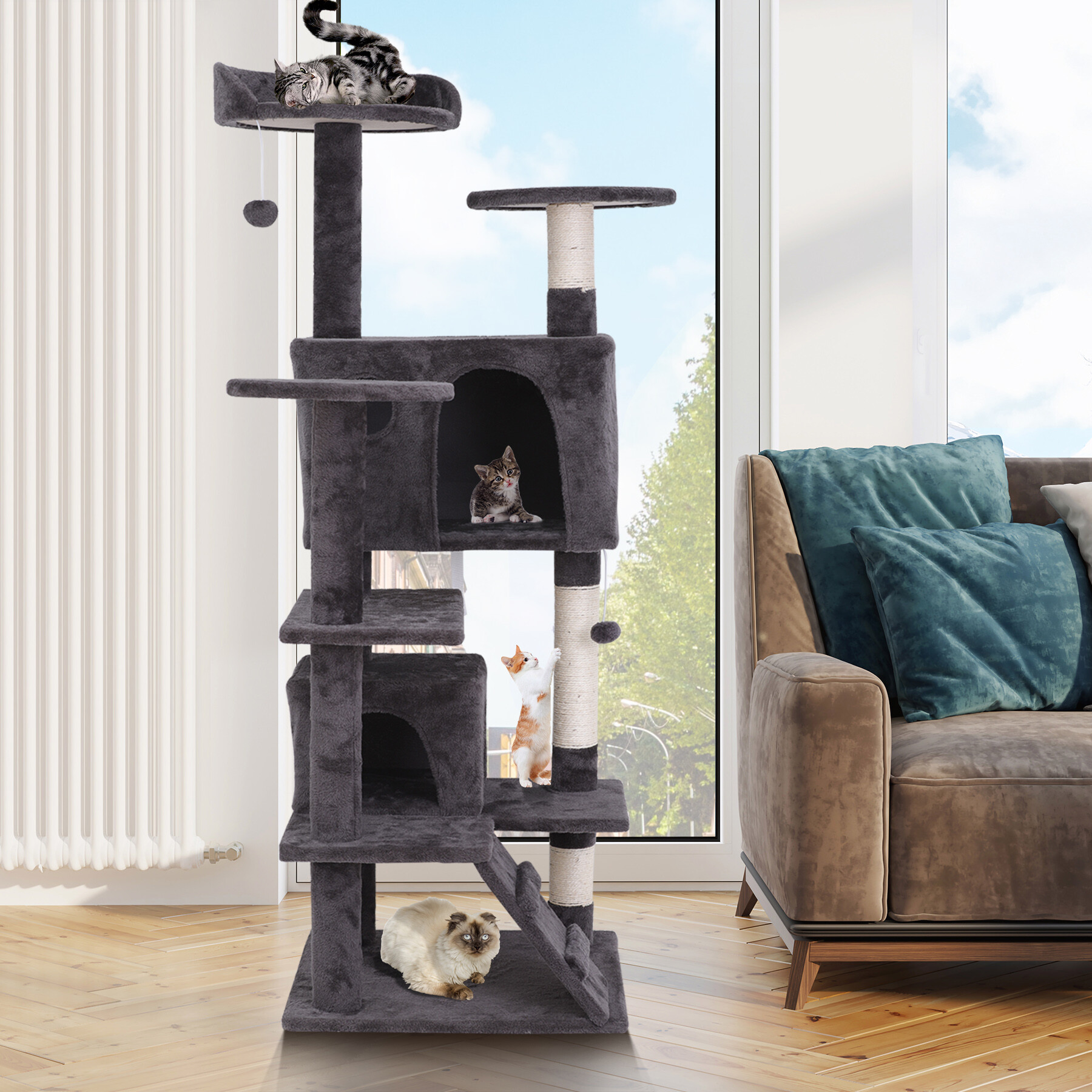 Zenstyle 53in Cat Tree & Condo Scratching Post Tower, Dark Gray