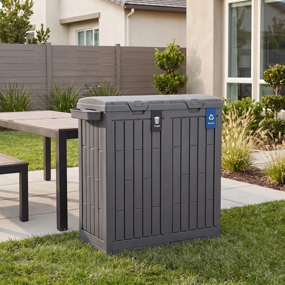ZENSTYLE 76 Gallon Outdoor Trash Can, Waterproof Resin Double Garbage Bin with Tiered Lid & 2 Slide-Out Drip Trays, Outside Trash Can for Patio, Kitchen, Backyard & Deck, Gray