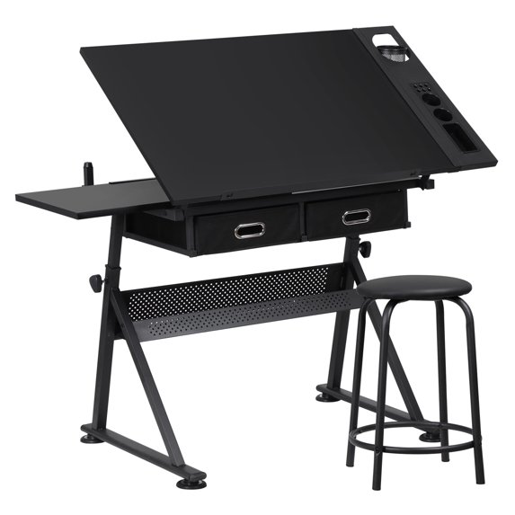ZENSTYLE Adjustable Drafting Drawing Table Craft Tiltable Tabletop with Stool + 2 Drawers Black