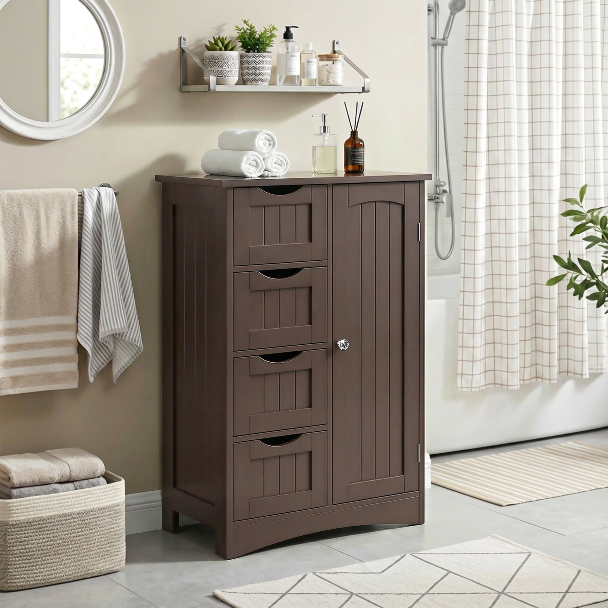 ZENSTYLE Bathroom Floor Cabinet Kitchen Organization 4 Drawers W/3 Tiers Side Space, Brown