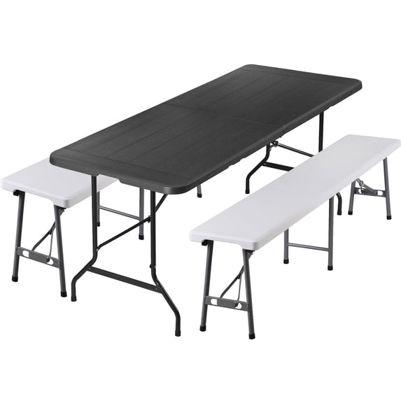 ZENSTYLE Camping Table Set 6ft Folding Plastic Table with 2 pcs Portable Benches Indoor Outdoor HDPE, Black Table + White Bench