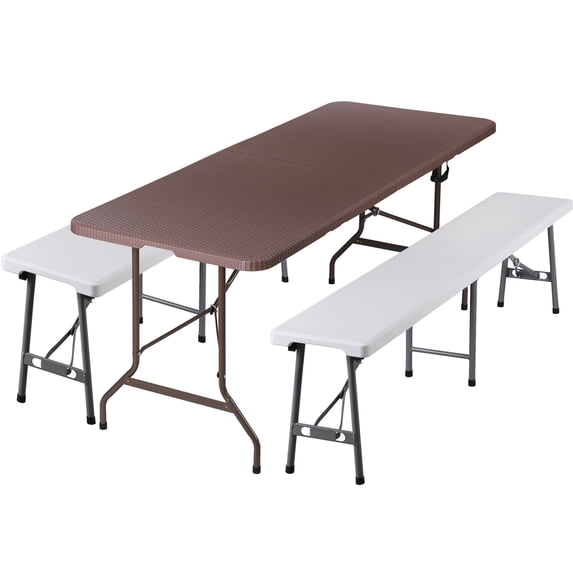 ZENSTYLE Camping Table Set 6ft Folding Plastic Table with 2 pcs Portable Benches Indoor Outdoor HDPE, Brown Table + White Bench