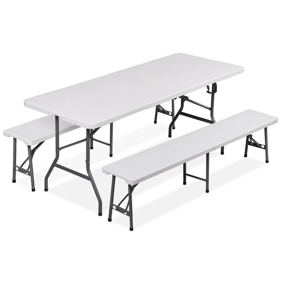 ZENSTYLE Camping Table Set 6ft Folding Plastic Table with 2 pcs Portable Benches Indoor Outdoor HDPE, White