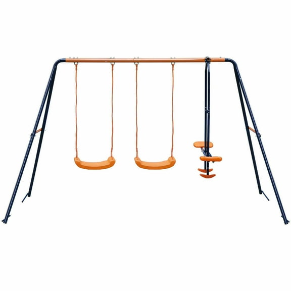 ZENSTYLE Double Metal Swing Set W/ 2 Saucer Swing Seats, 1 Seesaw for Outdoor, Backyard - Kids Toddler Toy, All Weather Resistant