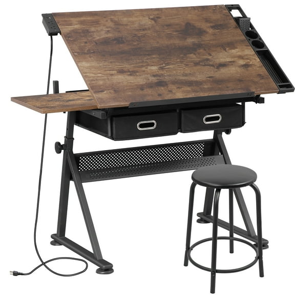 ZENSTYLE Drafting Table Wooden Drawing Desk Craft Station Artist W/ Stool and Charging Station Dark Natural