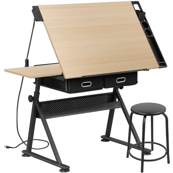 ZENSTYLE Drafting Table Wooden Drawing Desk Craft Station Artist W/ Stool and Charging Station Natural