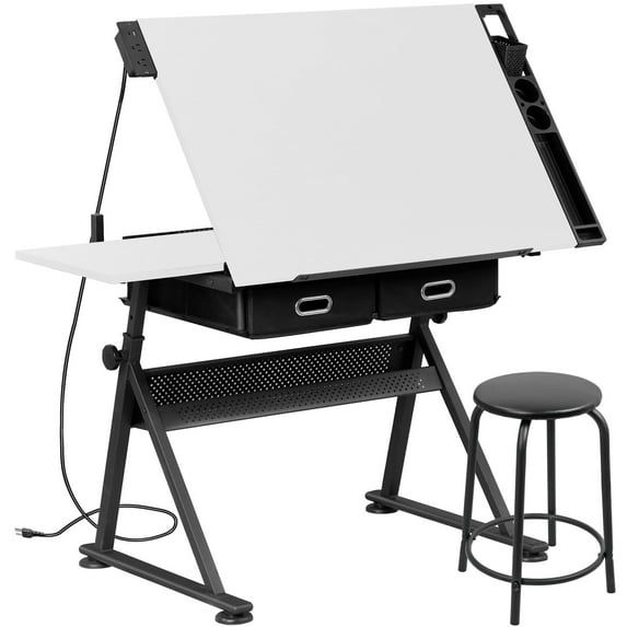 ZENSTYLE Drafting Table Wooden Drawing Desk Craft Station Artist W/ Stool and Charging Station White