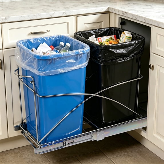 ZENSTYLE Durable 2 Pack Pull Out Trash Garbage Can 35 Quart Sliding Kitchen Waste Container Saving Space Indoor, Blue and Black