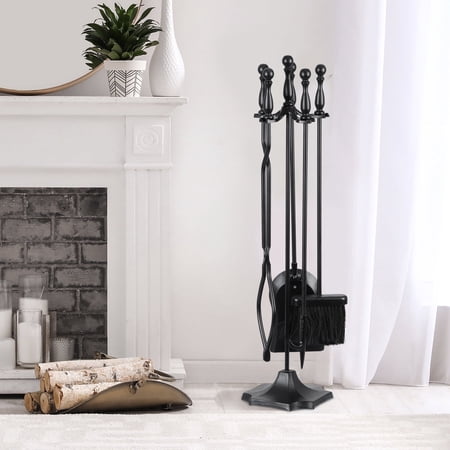 ZenStyle Metal Frame Brass Handle Fireplace Tool Set, Black