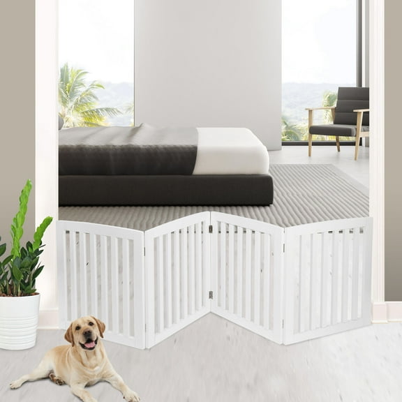 ZENSTYLE Foldable Pet Fence Home Entryway Doorway Indoor Dog Fence Pet Gate 4 Panels with Protector Feet MDF White