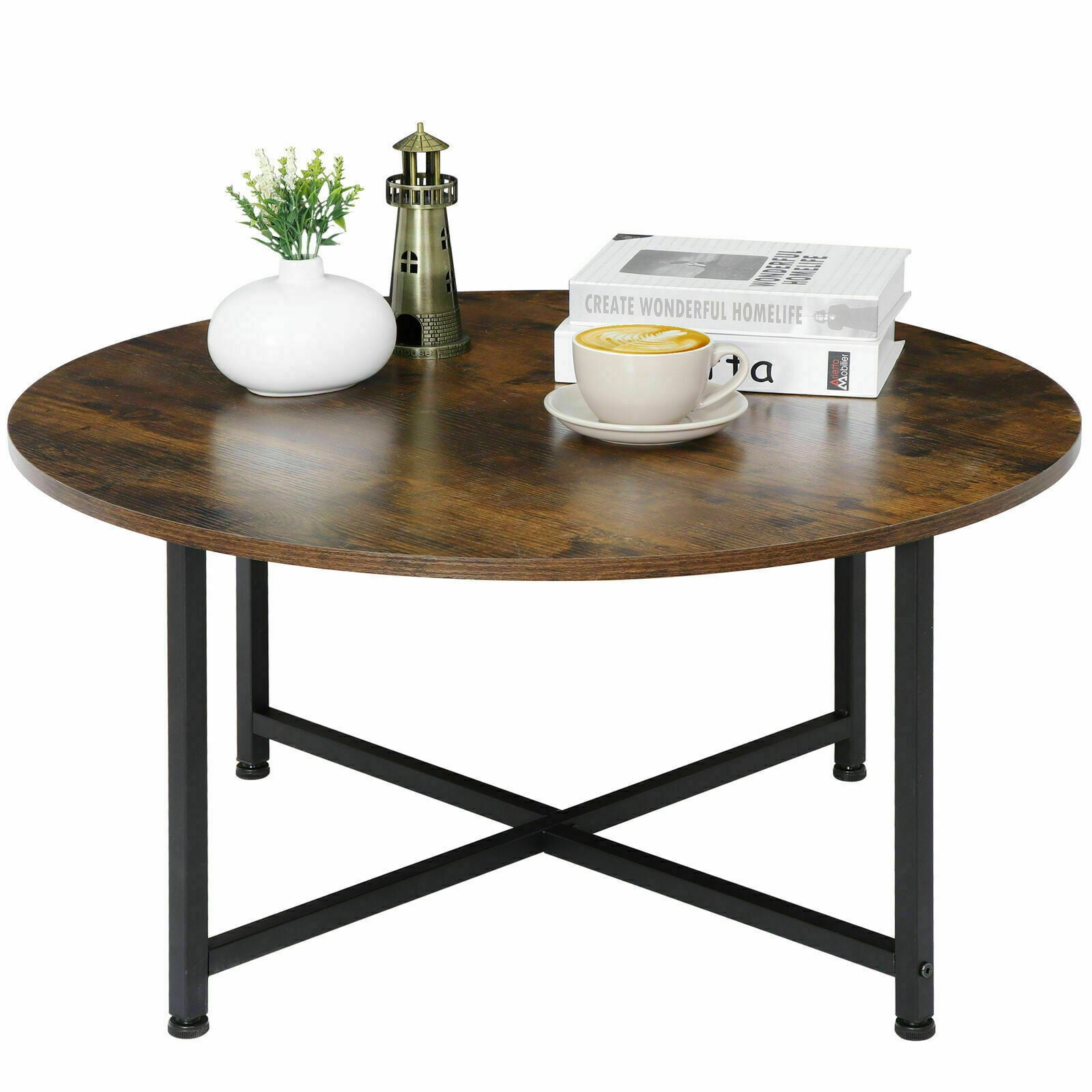 ZENSTYLE Small Round Wood Coffee Table with X-Shaped Metal