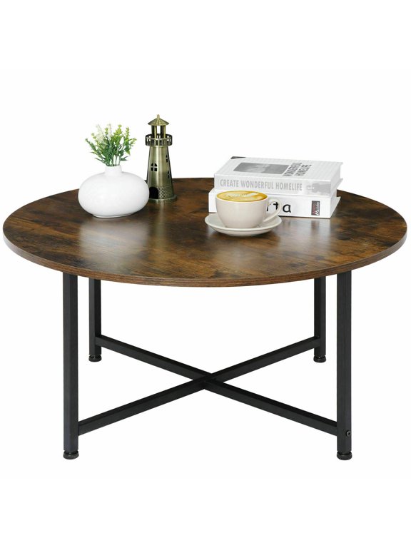 Round Coffee Table Sofa Tea Table Industrial Style with x-Shaped Metal Base