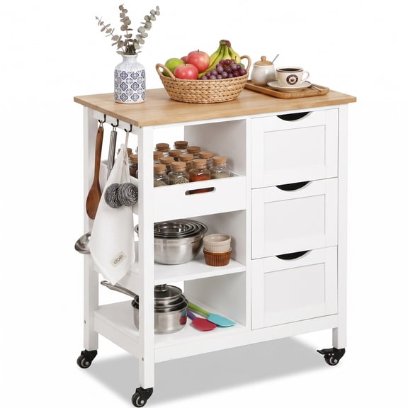 ZENSTYLE Solid Wood Rolling Kitchen Island Cart with Storage Drawers & Shelves, Mobile Serving Trolley for Dining Room, Oak and White