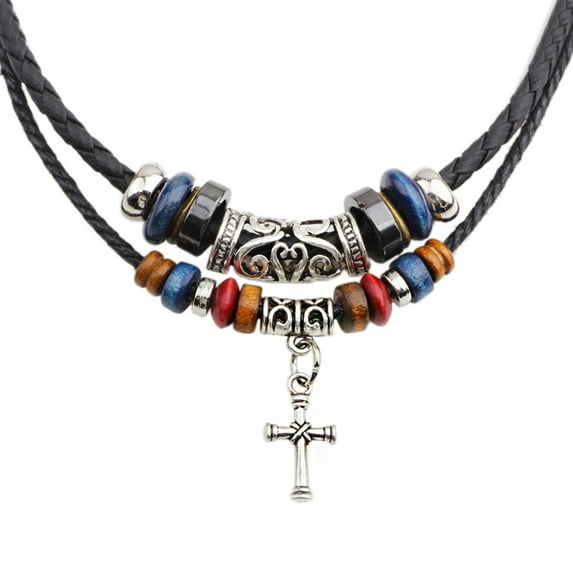 ZENTREE Adjustable Brown Leather Cord Necklace for Mens Womens Double Layers Choker