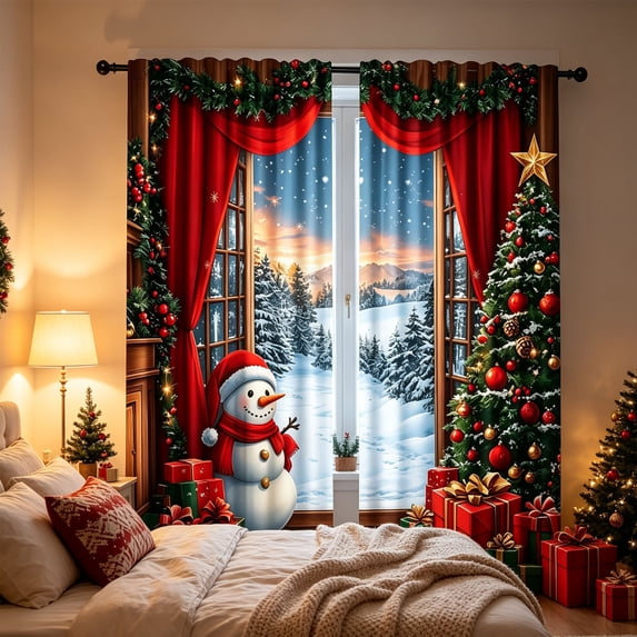 ZENVIVE 2 Panels Christmas Window Curtains, Semi-transparent Fabric Curtains with Xmas Tree & Snowmen Patterns, Living Room Bedroom Farmhouse Bathroom Home Decor, 59x23.6 In