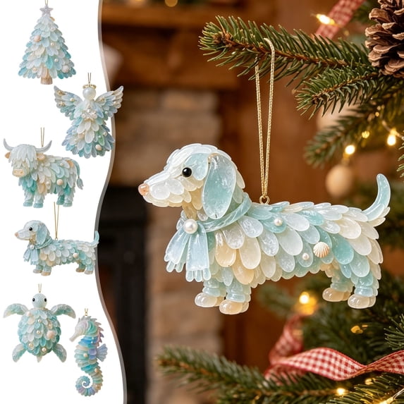 ZENVIVE 6 Pcs Blue Christmas Sea Glass Hanging Ornament Set, 3.15"Sea Glass Acrylic Pendant, Novelty Seasonal Home Decoration for Xmas Tree Wreaths Window Decor