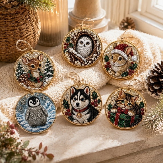 ZENVIVE 6PCS Christmas Pearl Diamond Art Hanging Ornament Kit, Wooden DIY Pearl Bead Painting Pendant for Adult with Cute Animal Patter, 3.07", Holiday Craft Gifts for Tree, Door, Wall Decor