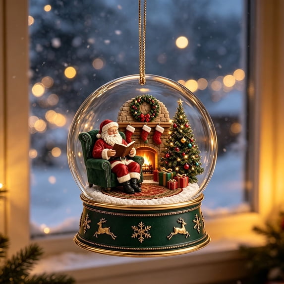 ZENVIVE Charming Christmas Snow Globe Ornament, 3.5 Inch Resin And Glass Hanging Piece With Gold Cord, Festive Village Scene Display For Tree Home Party, Santa Chair Fireplace Scene