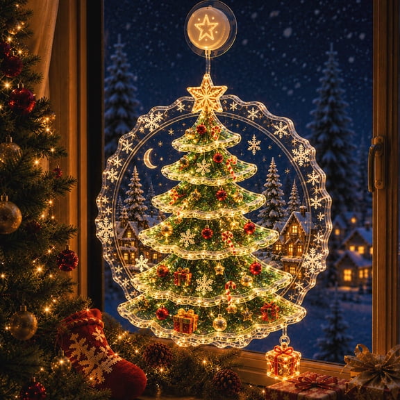 ZENVIVE Christmas Suction Cup Window Light, Light-Up Festive Window Scene, Plastic Light‑Up Ornament with Warm LED Lights, Glass Decoration for Window, Glass Door, Retail Shop Xmas Display, 7.09In