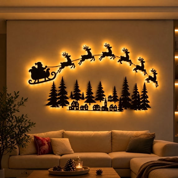 ZENVIVE Christmas Wooden Wall Decor Light, Illuminated Santa Sleigh Reindeer & Forest Silhouette, Christmas Wall Art Light with Remote Control for for Living Room Bedroom and Holiday Party Decor
