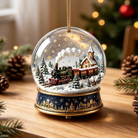 ZENVIVE Decorative Hanging Christmas Ornament, 3 Inch Clear Acrylic Ball With Wood Base, Festive Holiday Decor For Tree Mantel And Window Display, Village Station Scene
