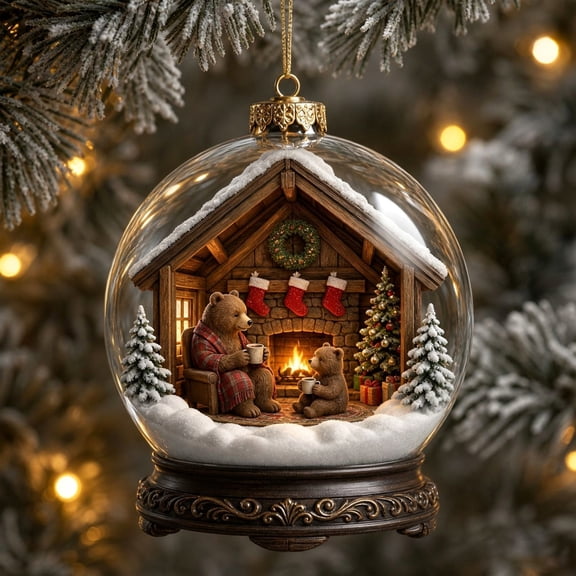 ZENVIVE Festive Christmas Hanging Ornament, 3.5 Inch Acrylic Snow Globe With A Twisted Cord, Snowy Winter Cabin Decor For Tree Mantel Window Shelf, Bear Family Fireplace