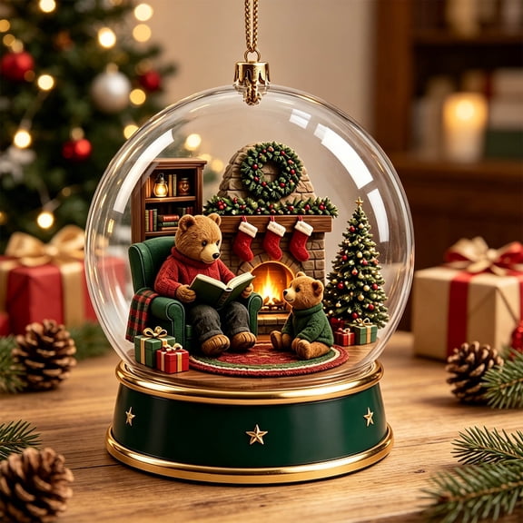 ZENVIVE Festive Christmas Hanging Ornament, 3.5 Inch Acrylic Snow Globe With A Twisted Cord, Snowy Winter Cabin Decor For Tree Mantel Window Shelf, Bear Reading Chair
