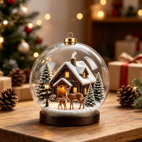 ZENVIVE Festive Christmas Hanging Ornament, 3.5 Inch Acrylic Snow Globe With A Twisted Cord, Snowy Winter Cabin Decor For Tree Mantel Window Shelf, Deer Cabin Scene