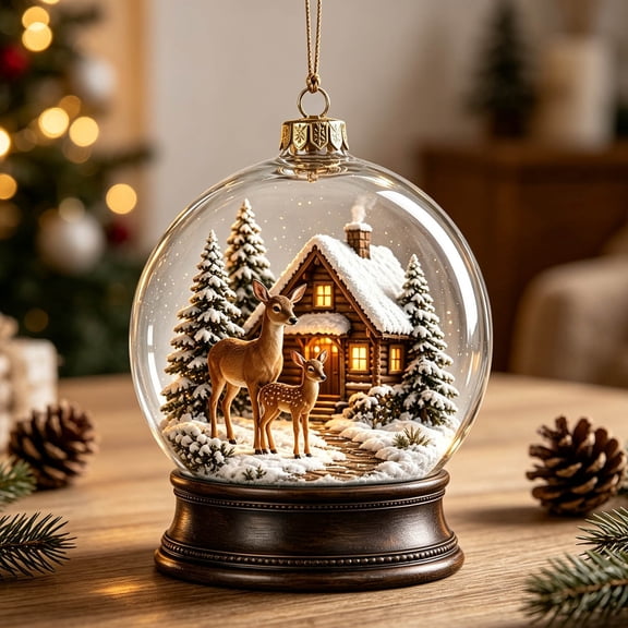 ZENVIVE Festive Christmas Hanging Ornament, 3.5 Inch Acrylic Snow Globe With A Twisted Cord, Snowy Winter Cabin Decor For Tree Mantel Window Shelf, Deer Duo Cabin