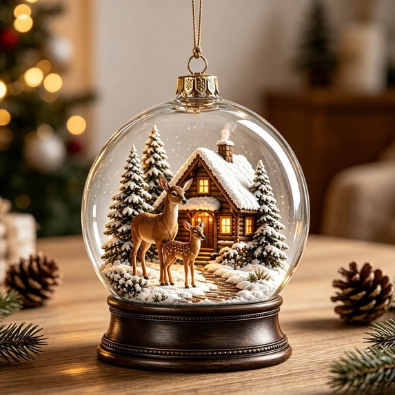 ZENVIVE Festive Christmas Hanging Ornament, 3.5 Inch Acrylic Snow Globe With A Twisted Cord, Snowy Winter Cabin Decor For Tree Mantel Window Shelf, Deer Duo Cabin