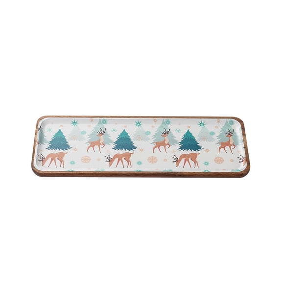 ZENVIVE Festive Christmas Serving Tray, Rectangular Wooden Rim Design, Holds Cookies Desserts Candy Snacks, For Holiday Party Kitchen Table, Reindeer and Tree Print