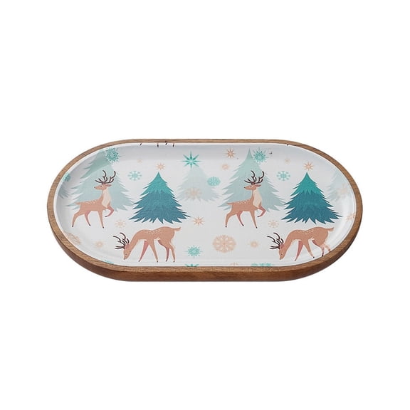 ZENVIVE Festive Oval Wooden Rim Serving Tray, 1 Piece Christmas Print Design, Serve Cookies Desserts Appetizers on Coffee Table Countertop, Reindeer And Tree Motif