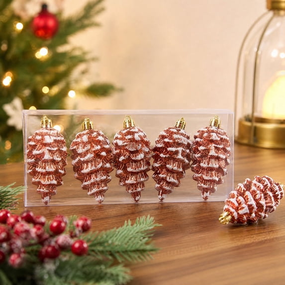 ZENVIVE Glittered Pinecone Christmas Ornaments, Set of 6 with Gold Caps and Hanging Loops, Festive Holiday Xmas Tree Party Home Indoor Display, Rose Gold Glitter